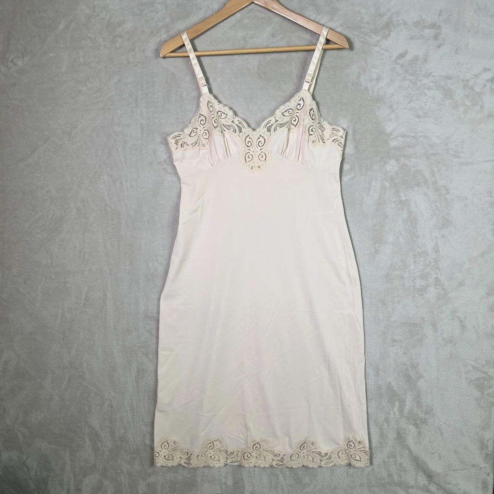 Vintage Shadowline Full Slip Dress Beige‎ Floral Lace Y2K Coquette 36 Tall S/M